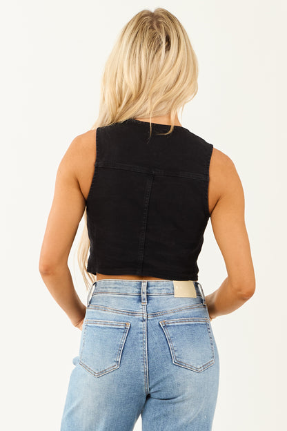 Black Washed Denim Cropped Button Down Vest
