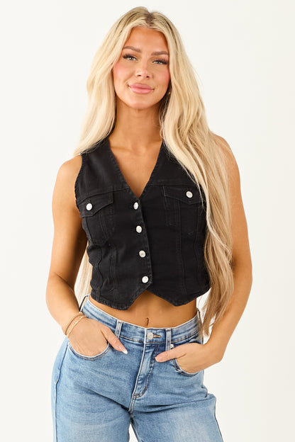 Black Washed Denim Cropped Button Down Vest