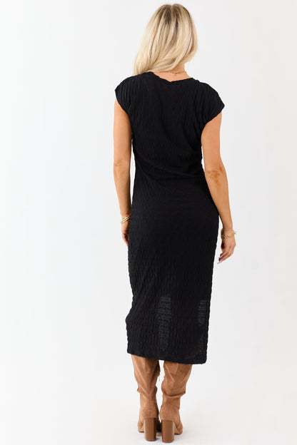 Black Wavy Textured Mesh Cap Sleeve Midi Dress