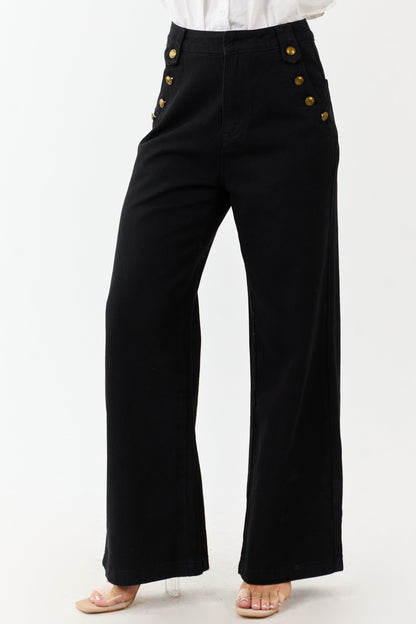Black Wide Leg High Rise Gold Button Jeans