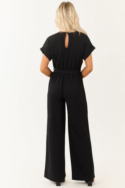 Black Wide Leg Waist Tie Surplice Bodice Jumpsuit