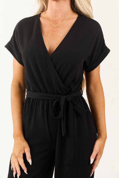 Black Wide Leg Waist Tie Surplice Bodice Jumpsuit
