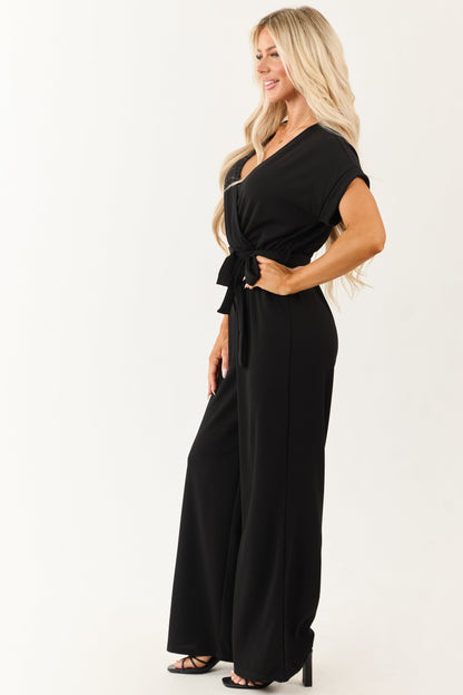 Black Wide Leg Waist Tie Surplice Bodice Jumpsuit