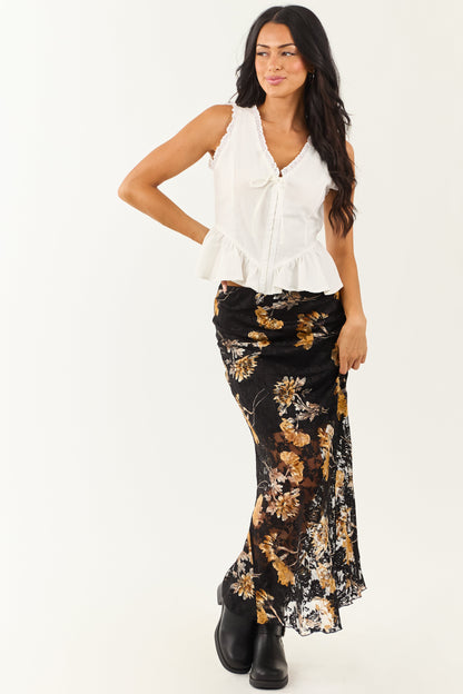 Black and Copper Floral Lace Maxi Skirt