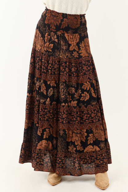 Black and Copper Floral Print Maxi Skirt