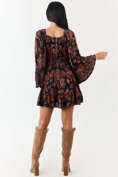 Black and Copper Floral Surplice Neckline Mini Dress