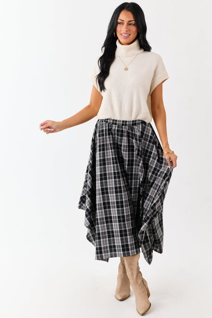 Black and Off White Plaid Cotton Midi Skirt