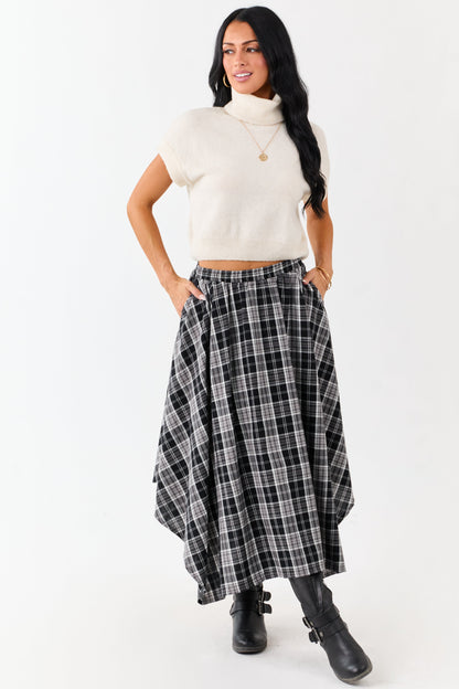 Black and Off White Plaid Cotton Midi Skirt