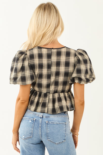 Black and Sand Plaid Puff Sleeve Peplum Top