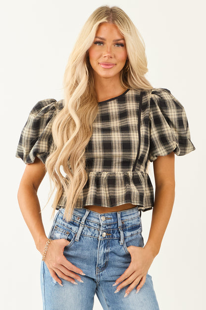 Black and Sand Plaid Puff Sleeve Peplum Top