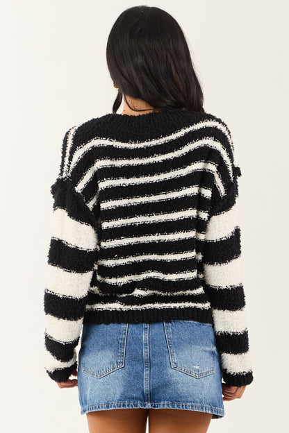 Black and White Striped Soft Fuzzy Knit Sweater