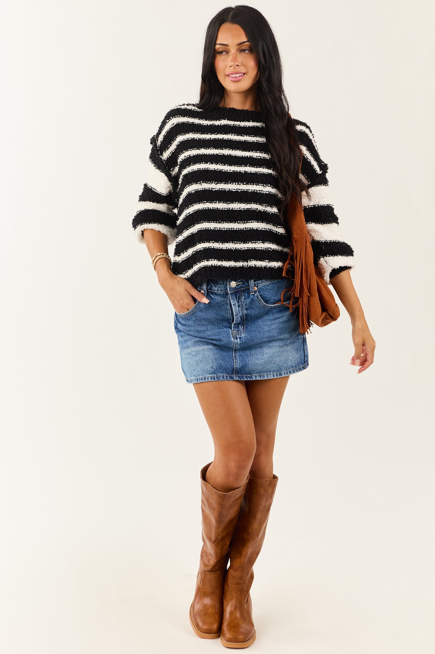 Black and White Striped Soft Fuzzy Knit Sweater
