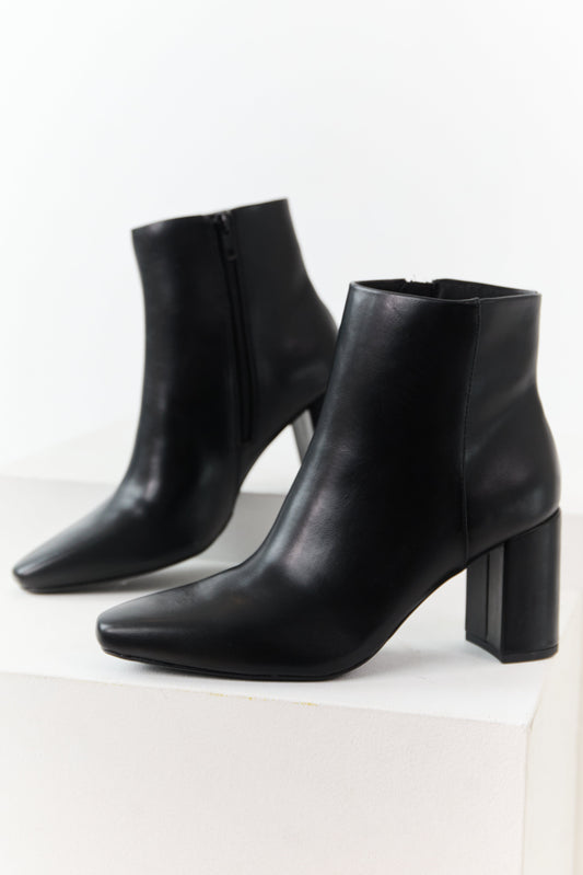 Black Faux Leather Block Heel Pointed Toe Booties