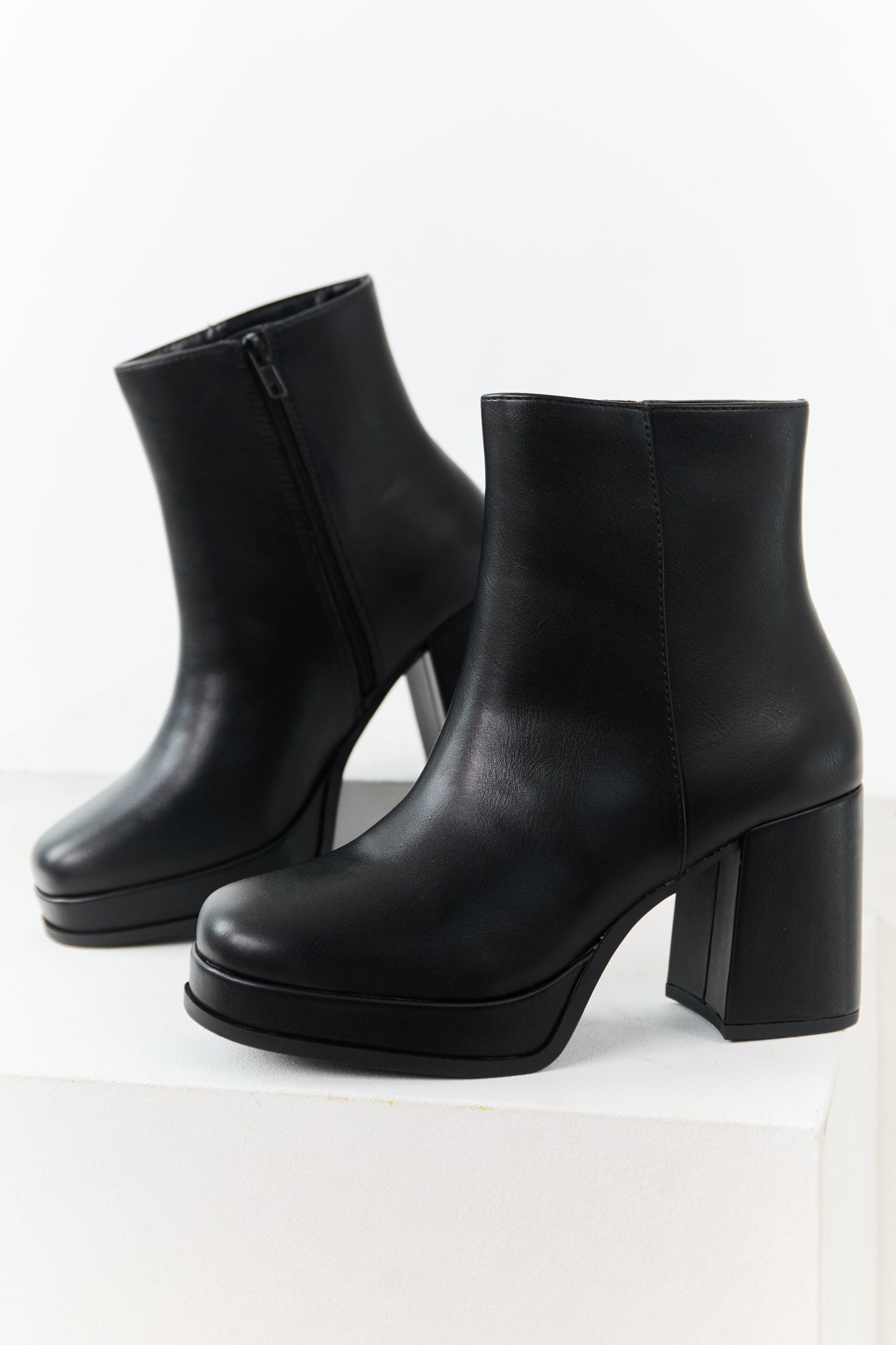 Black Faux Leather Block Heel Round Toe Booties