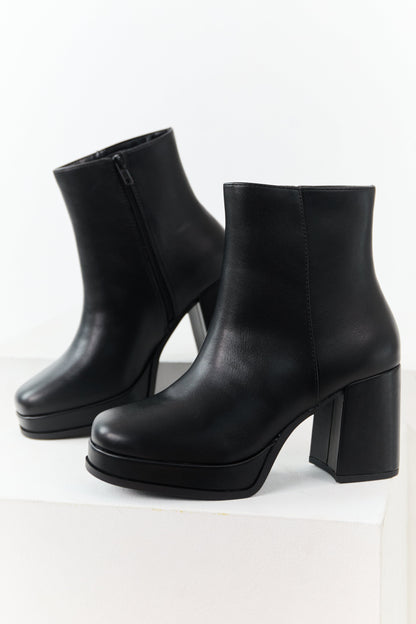 Black Faux Leather Block Heel Round Toe Booties