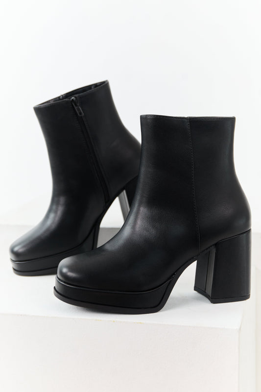 Black Faux Leather Block Heel Round Toe Booties