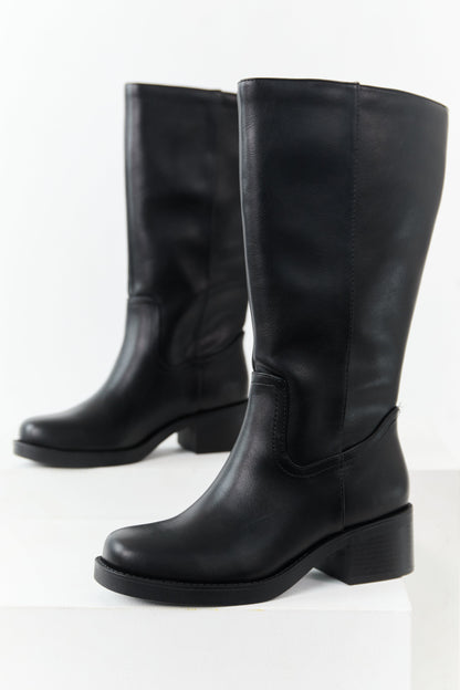 Black Faux Leather Block Heel Tall Riding Boots