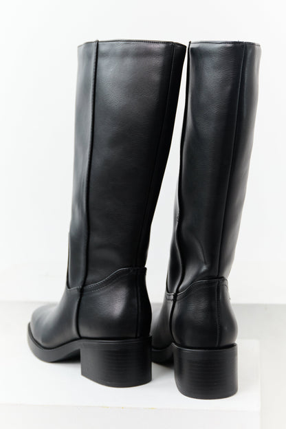 Black Faux Leather Block Heel Tall Riding Boots
