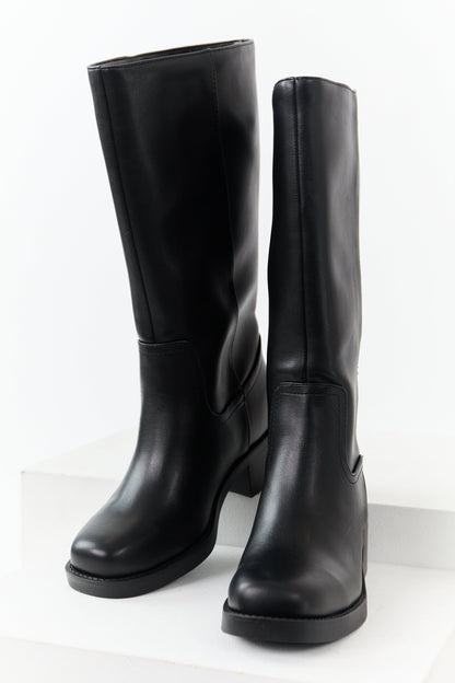 Black Faux Leather Block Heel Tall Riding Boots