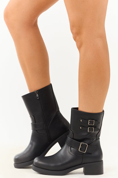 Black Faux Leather Buckle Detail Block Heel Boots
