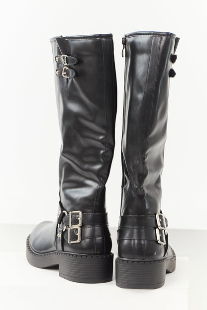 Black Faux Leather Buckle Detail Tall Boots