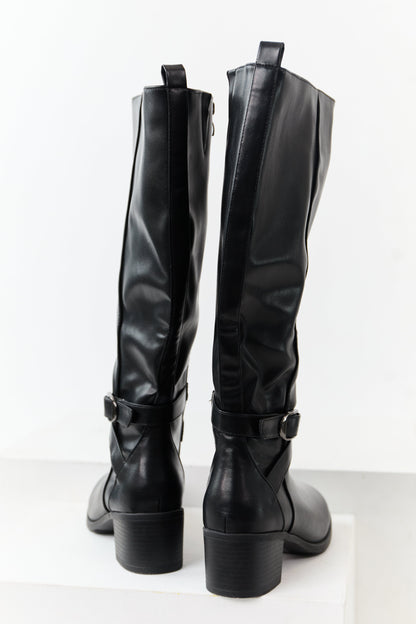 Black Faux Leather Knee High Block Heel Boots