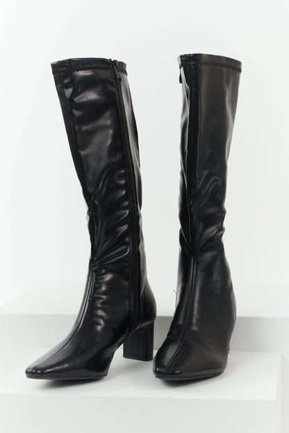 Black Faux Leather Pointed Toe Tall Block Heel Boots