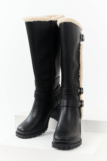 Black Faux Leather Sherpa Lined Tall Platform Boots