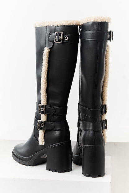 Black Faux Leather Sherpa Lined Tall Platform Boots