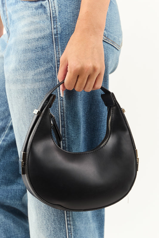 Black Faux Leather Small Half Moon Handbag