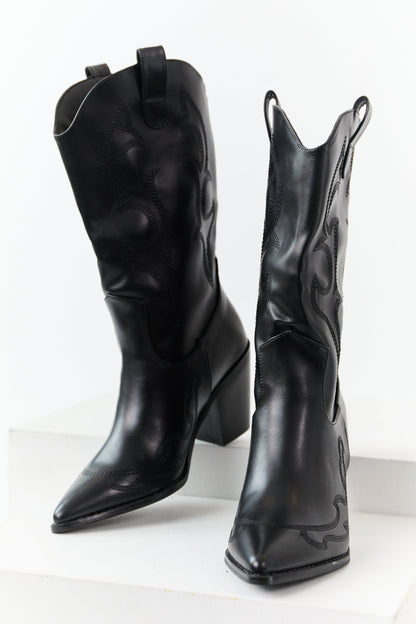 Black Faux Leather Stacked Heel Cowboy Boots