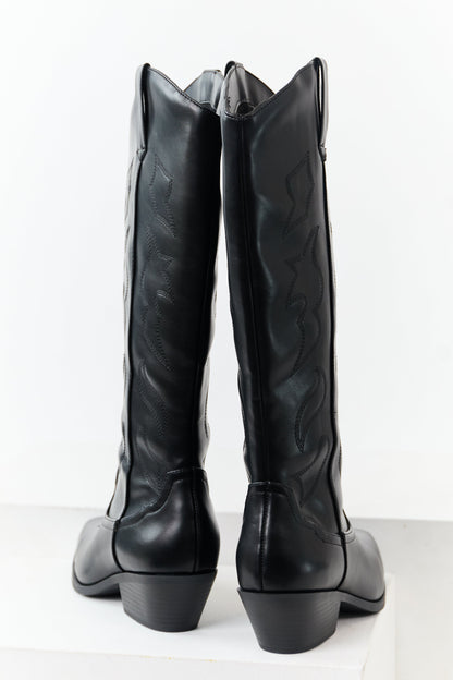 Black Faux Leather Western Embroidered Tall Boots
