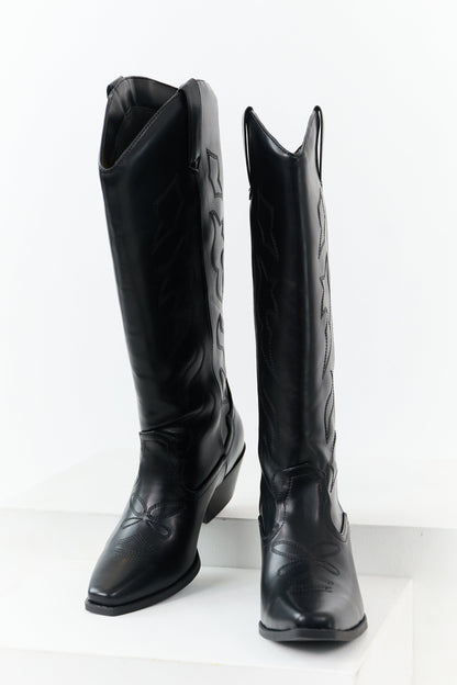 Black Faux Leather Western Embroidered Tall Boots