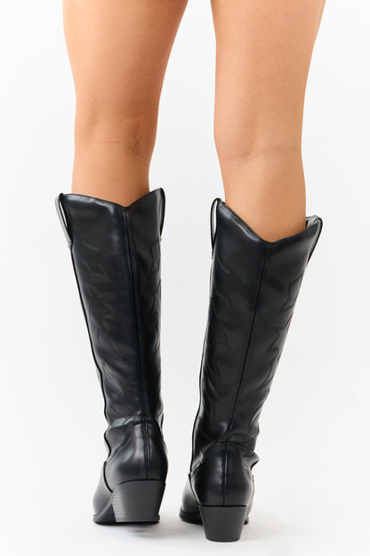 Black Faux Leather Western Embroidered Tall Boots