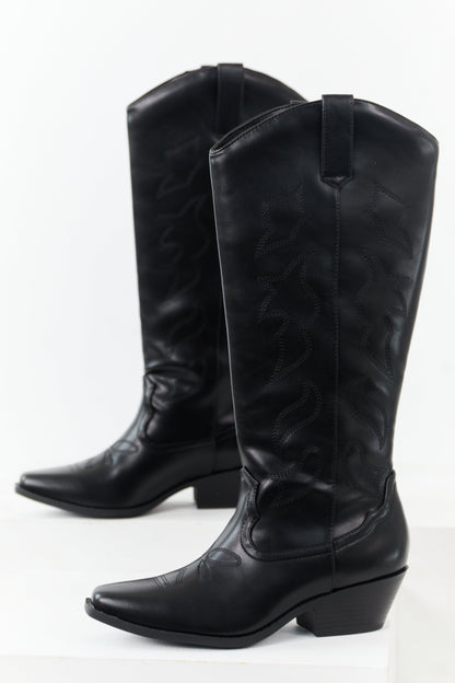 Black Faux Leather Western Embroidered Tall Boots
