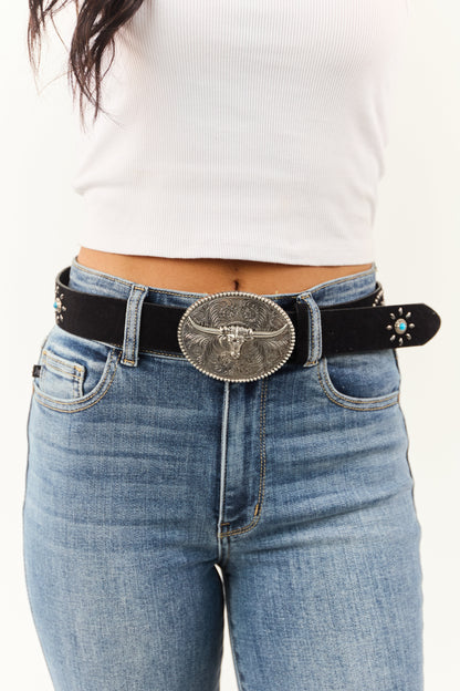 Black Faux Leather Western Long Horn Belt
