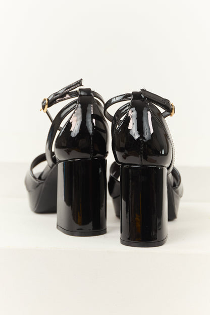 Black Open Toe Strappy Platform Block Heels
