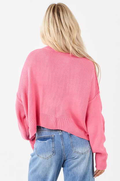 Bubblegum Boxy Drop Shoulder Crop Rib Knit Sweater