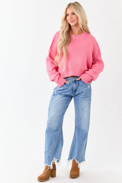 Bubblegum Boxy Drop Shoulder Crop Rib Knit Sweater