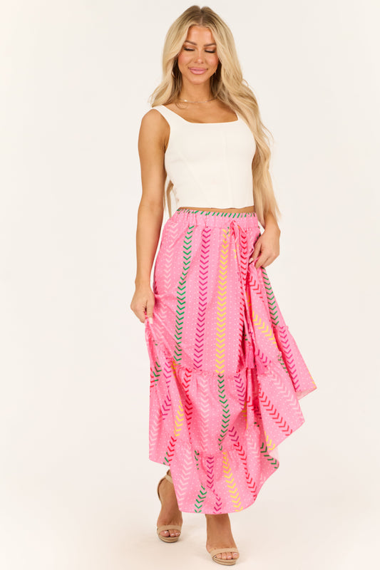 Bubblegum Chevron Print Ruffle Tiered Maxi Skirt