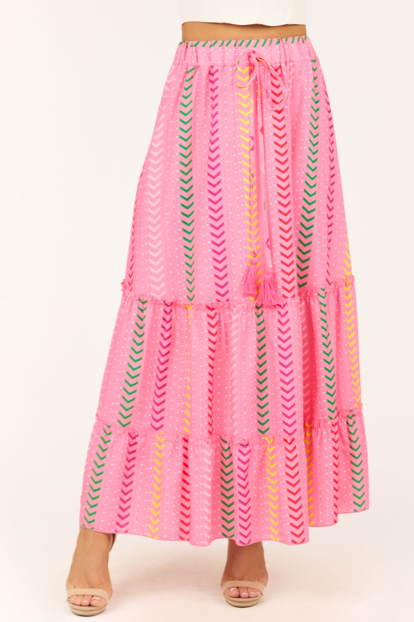 Bubblegum Chevron Print Ruffle Tiered Maxi Skirt