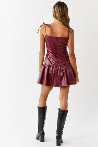 Burgundy Faux Leather Ruffle Hem Mini Dress