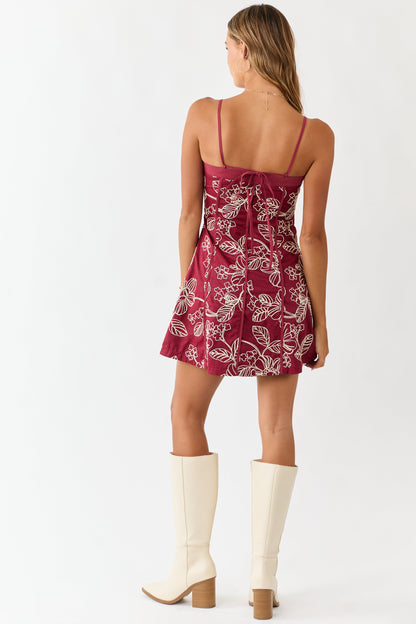 Burgundy Raised Floral Embroidery Mini Dress