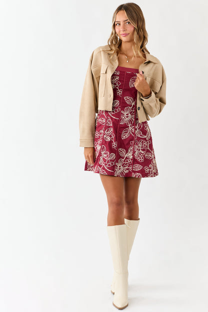Burgundy Raised Floral Embroidery Mini Dress