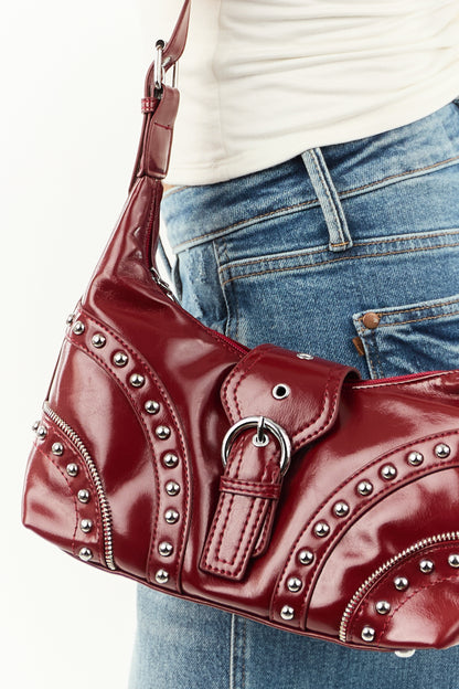 Burgundy Glossy Faux Leather Studded Handbag