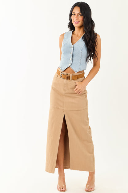 Camel Front Slit Raw Hem Denim Maxi Skirt