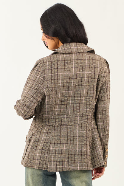 Camel Plaid Button Down Lapel Collar Blazer