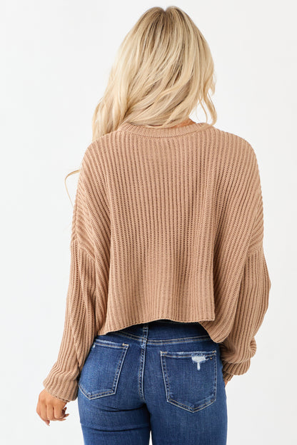 Camel Relaxed Rib Knit Crew Neck Cropped Sweater