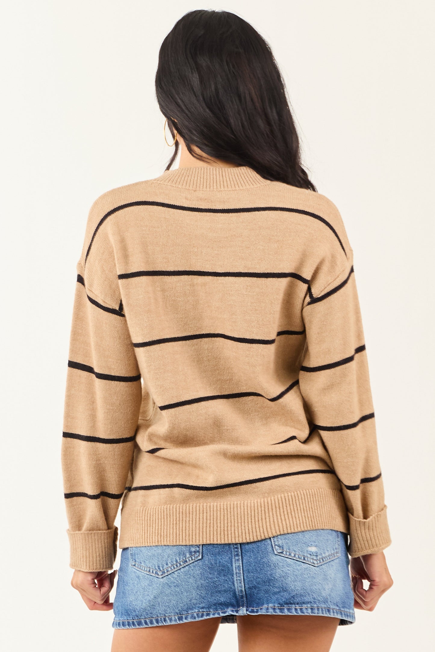 Camel and Black Long Sleeve Striped Sweater