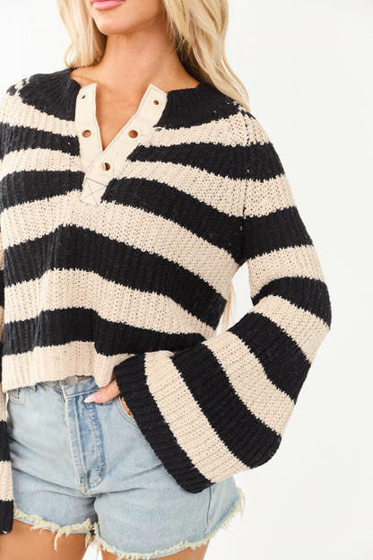 Camel and Black Striped Long Flare Sleeve Sweater
